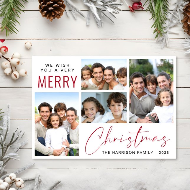 Cartão De Festividades Feliz Natal 4 Foto - Script Vermelho (This holiday season, let your family's smiles and heartwarming memories shine on our 4 photo card)