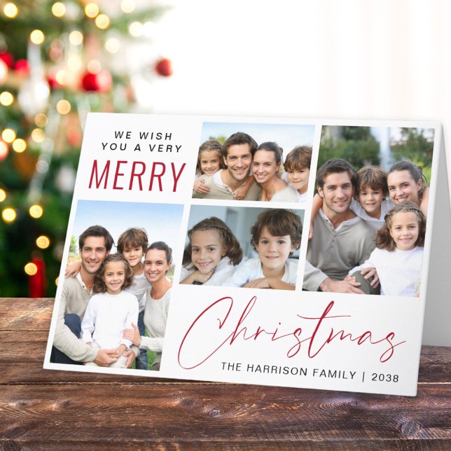 Cartão De Festividades Feliz Natal 4 Foto - Script Vermelho (This holiday season, let your family's smiles and heartwarming memories shine on our 4 photo card)