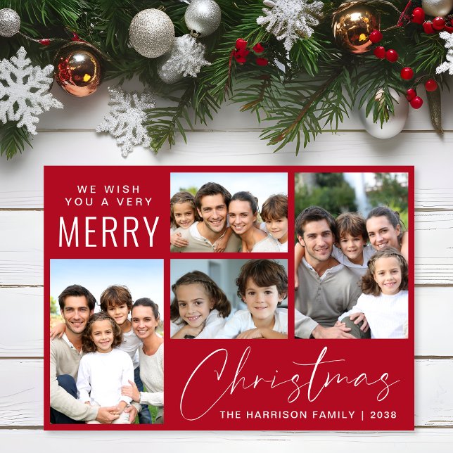 Cartão De Festividades Feliz Natal 4 Foto - Script Vermelho (This holiday season, let your family's smiles and heartwarming memories shine on our 4 photo card)
