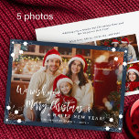 Cartão De Festividades Feliz Natal 5 foto colagem marinho azul<br><div class="desc">Na moda simples e mínimo cinco fotos personalizadas da família "Feliz Natal e Feliz ano novo" (que pode ser alterado) texto do script de tipografia sobrepõe-se horizontal ao modelo do cartão de Natal com um quadro azul marinho escuro e flocos de neve brancos. Fácil de personalizar com as suas imagens,...</div>