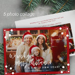 Cartão De Festividades Feliz Natal 5 foto colagem vermelha<br><div class="desc">Simples na moda mínimo cinco fotos personalizadas da família "Feliz Natal e Feliz ano novo" (alterável) texto de script de tipografia sobrepõe o modelo de cartão de Natal horizontal com um quadro vermelho brilhante e flocos de neve. Fácil de personalizar com as suas imagens, texto, assinatura de nome e desejos...</div>