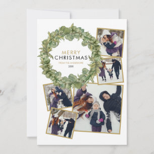 Cartão De Festividades Feliz Natal 5 Foto Collage Greenery Wreath