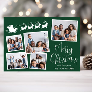 Cartão De Festividades Feliz Natal 5 Foto Trenó do Papai Noel Verde