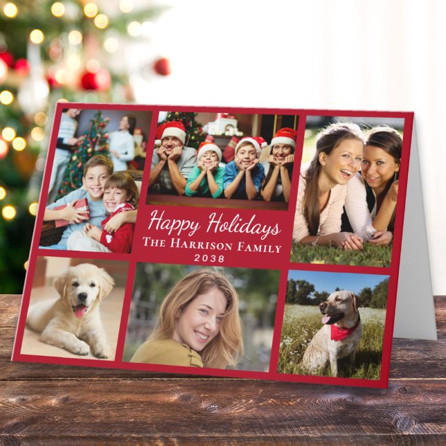 Cartão De Festividades Feliz Natal 6 Foto Colagem Vermelha (This holiday season, let your family's smiles and heartwarming memories shine on our 6 photo card)