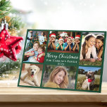 Cartão De Festividades Feliz Natal 6 Foto Collage Green<br><div class="desc">Um cartão verde de colagem de fotos moderna com "Feliz Natal" em um roteiro elegante branco,  6 fotos de sua família e momentos do último ano e seu nome e o ano em tipografia branca. No dentro,  personalize sua saudação e adicione seus primeiros nomes.</div>