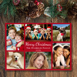 Cartão De Festividades Feliz Natal 6 Foto Collage Red<br><div class="desc">Cartão vermelho simples e moderno,  com "Feliz Natal" em um roteiro elegante branco,  uma colagem de 6 fotos de suas pessoas e momentos favoritos do ano passado,  seu nome de família e o ano.</div>