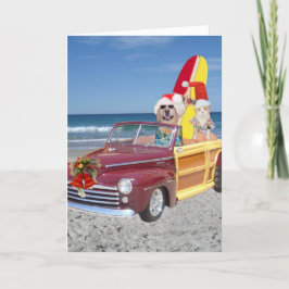 Cartão De Festividades Feliz Natal Amarelo e Gato Surfista