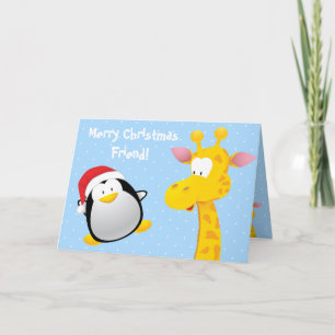 Cartão De Festividades Feliz Natal Amigo Cute Penguin e Giraffe
