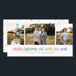 Cartão De Festividades Feliz Natal Ano Novo Coloração Colorida 3 Fotograf<br><div class="desc">Este design de na moda apresenta uma colagem de 3 fotos com uma saudação moderna,  escrita à mão,  em cores brilhantes que o pop. Vem com um padrão de queda de neve balbuciosa nas costas para combinar.</div>
