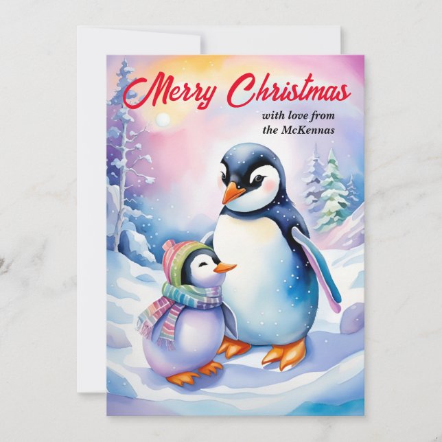 Cartão De Festividades Feliz Natal Ano Novo Pinguins de Aquarela (Frente)