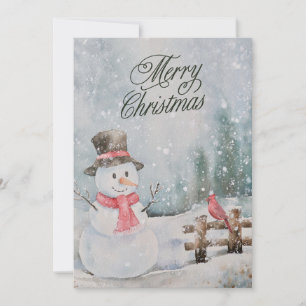 Cartão De Festividades Feliz Natal Aquarela Boneco de Neve e Cardinal