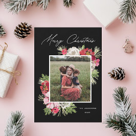 Cartão De Festividades Feliz Natal Aquarela Flor Preto