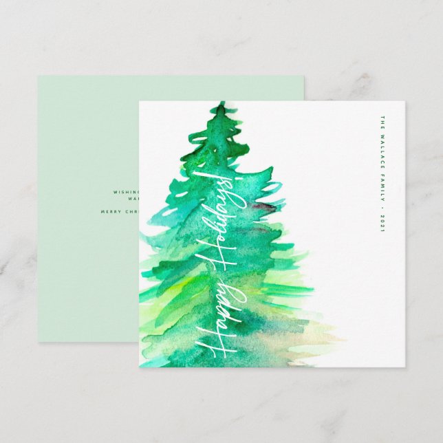 Cartão De Festividades Feliz Natal Aquarela Palha Verde (Frente/Verso)