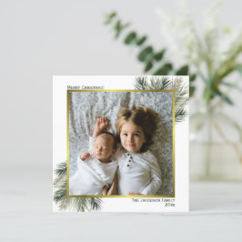 Cartão De Festividades Feliz Natal Aquarela Pine Sage e Foto Dourada