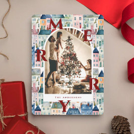 Cartão De Festividades Feliz Natal Arco de Casas Aquarela Vermelha Foto