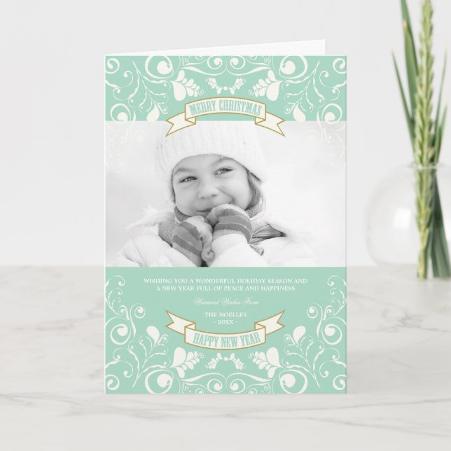 Cartão De Festividades Feliz Natal Art Nouveau Foto Floral Flourish (Frente)