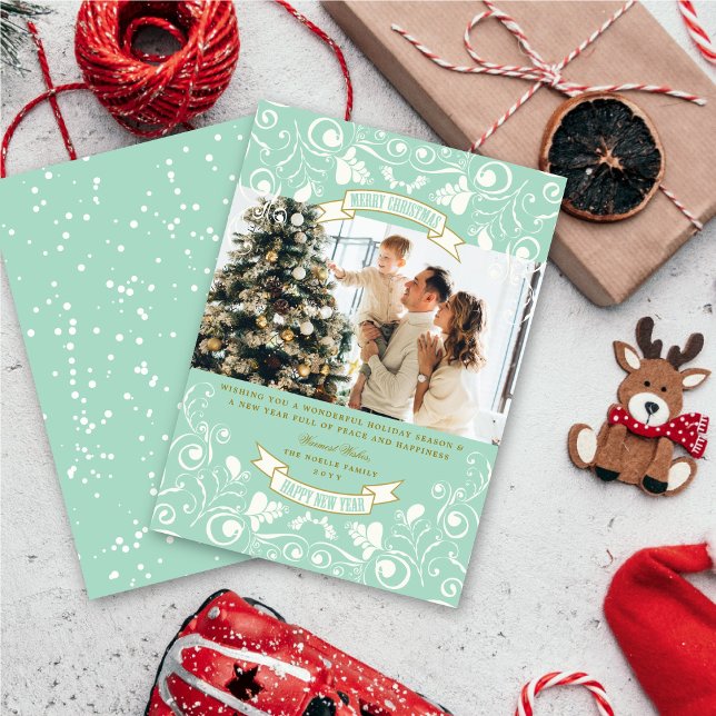 Cartão De Festividades Feliz Natal Art Nouveau Foto Floral Flourish (Criador carregado)