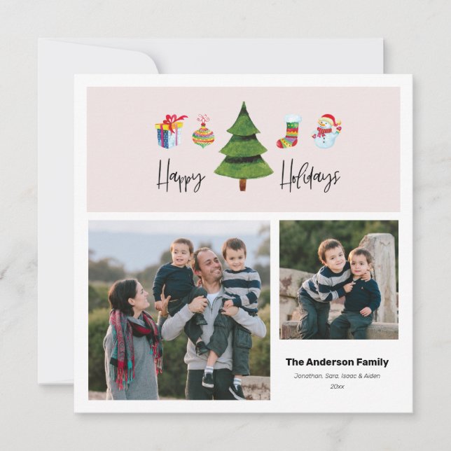 Cartão De Festividades Feliz Natal Árvore Aquarela | 2 Fotos (Frente)