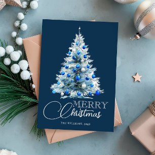 Cartão De Festividades Feliz Natal Árvore Aquarela Azul Branco