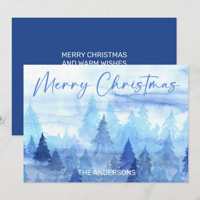 Cartão De Festividades Feliz Natal Árvores de Pinheiro Aquarela Azul (Frente/Verso)