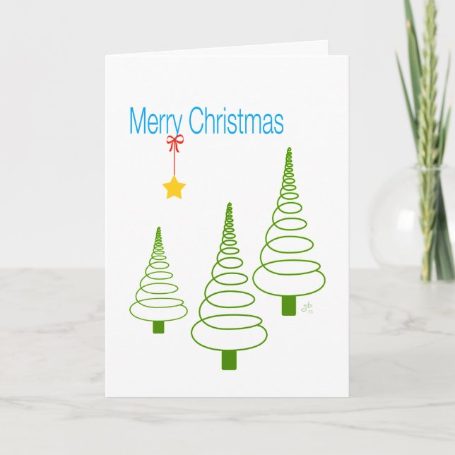 Cartão De Festividades Feliz Natal, árvores espirais, estrela e fita (Frente)