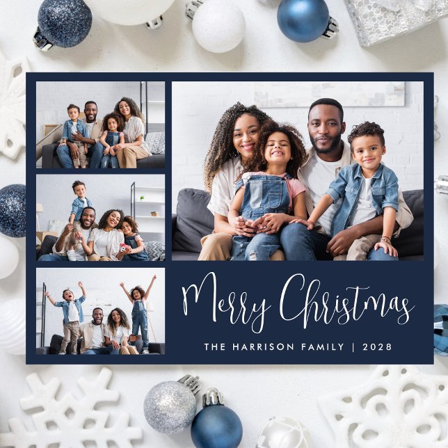 Cartão De Festividades Feliz Natal Azul 6 Foto (Share the love and warmth of the season with a personalized photo Christmas card)