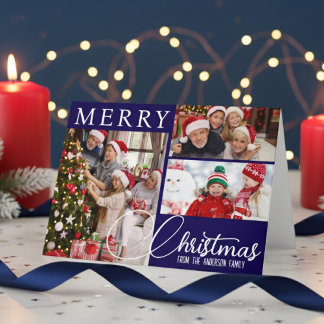 Cartão De Festividades Feliz Natal Azul Festivo E Três Fotos Brancas