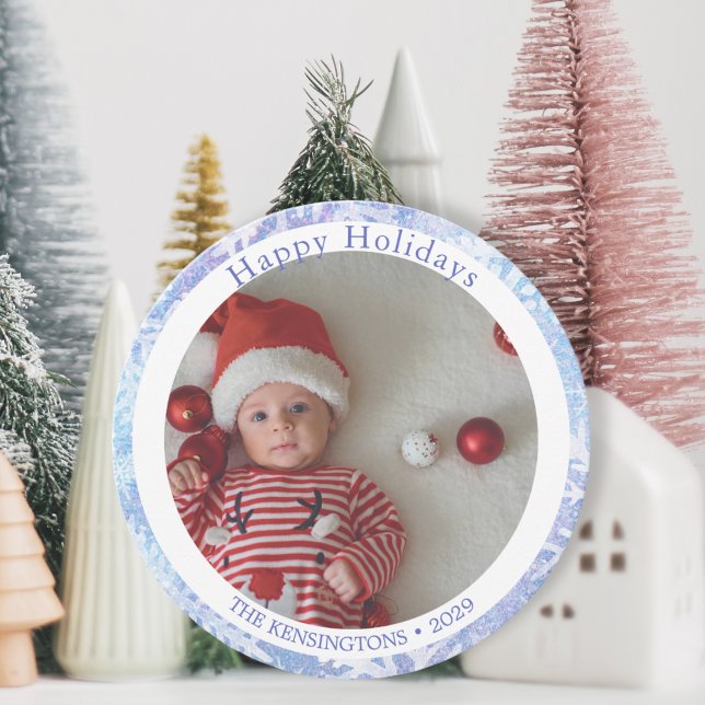 Cartão De Festividades Feliz Natal Azul, Floco de Neve (Round Baby’s First Christmas Photo Card)