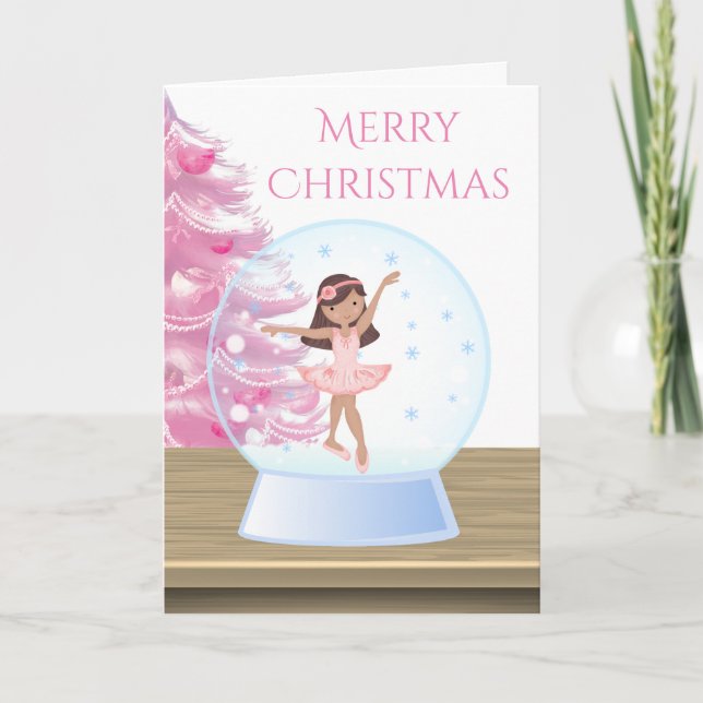 Cartão De Festividades Feliz Natal Ballerina Snow Globe Rosa, Branco (Frente)