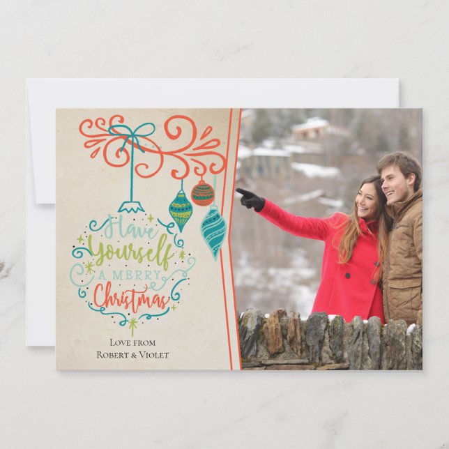 Cartão De Festividades Feliz Natal Bauble & Retro Ornaments - Foto (Frente)