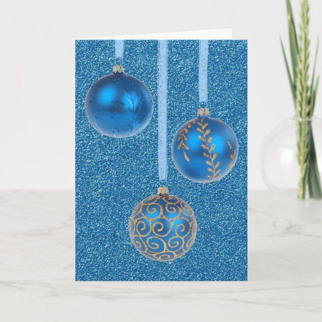 Cartão De Festividades Feliz Natal Baubles Azul Dourado (Frente)