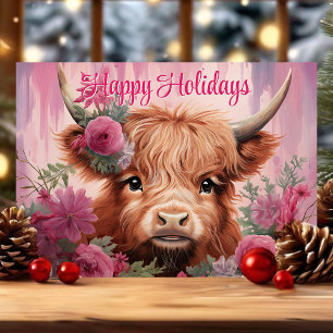 Cartão De Festividades Feliz Natal Bebê Vaca Highland Floral Felicidades