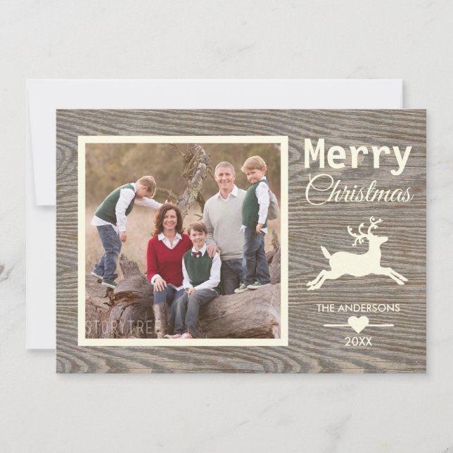 Cartão De Festividades Feliz Natal Beige Rustic Wood Family Foto (Frente)