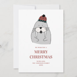 Cartão De Festividades Feliz Natal. Bela morsa de inverno. Animal engraça