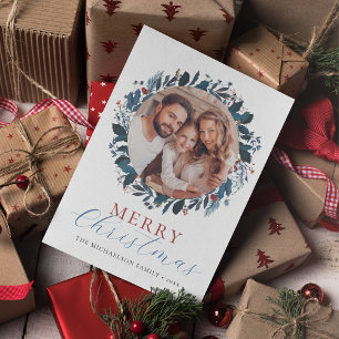 Cartão De Festividades Feliz Natal Blue Holly Foto