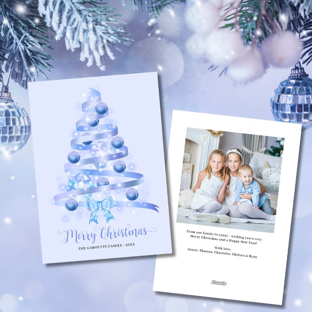 Cartão De Festividades Feliz Natal Blue Ribbon Tree Foto (Merry Christmas Blue Ribbon Tree Photo Holiday Card)