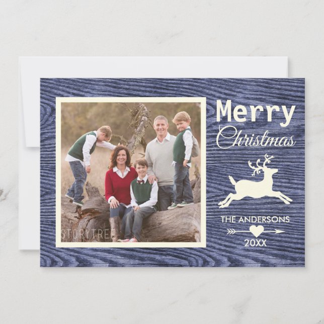 Cartão De Festividades Feliz Natal Blue Rustic Wood Family Foto (Frente)
