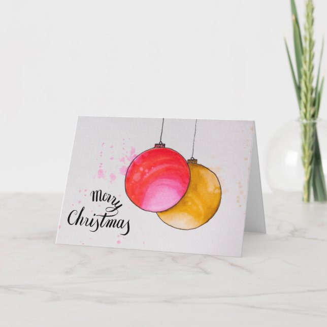 Cartão De Festividades Feliz Natal, bolas de Natal, cor d'água (Frente)