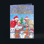 Cartão De Festividades Feliz Natal boneco de neve e foto de família dos<br><div class="desc">Este o falso do "Feliz Natal" imprimiu a tipografia do ouro com um fundo azul nevado e uns caráteres desenhados mão, pintados mão do inverno; incluindo um urso polar, o gato do gatinho, o boneco de neve, o homem de pão-de-espécie, e o design bonito do pinguim são perfeitos para a...</div>