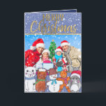 Cartão De Festividades Feliz Natal boneco de neve e foto de família dos<br><div class="desc">Este o falso do "Feliz Natal" imprimiu a tipografia do ouro com um fundo azul nevado e uns caráteres desenhados mão, pintados mão do inverno; incluindo um urso polar, o gato do gatinho, o boneco de neve, o homem de pão-de-espécie, e o design bonito do pinguim são perfeitos para a...</div>
