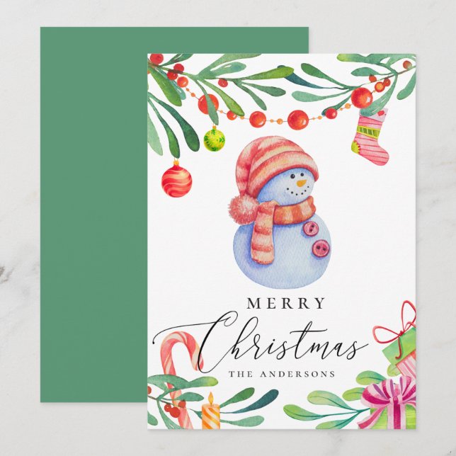 Cartão De Festividades Feliz Natal. Bonito boneco de neve com aquarela (Frente/Verso)