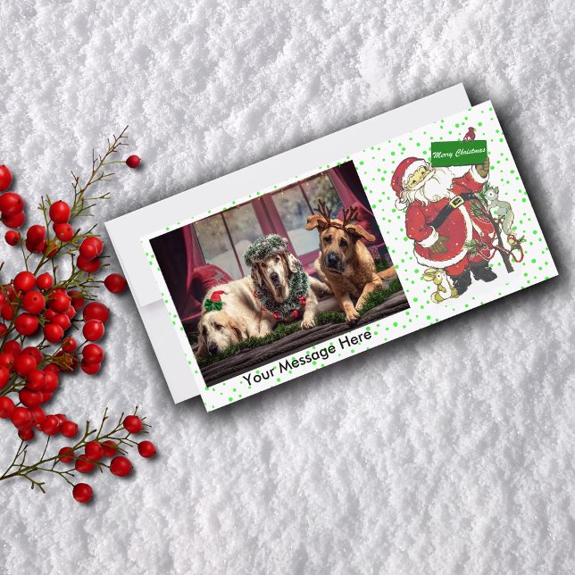Cartão De Festividades Feliz Natal bonito dos animais do papai noel (Cute Santa Claus with animals and tree on green polka dot flat photo Christmas card.)