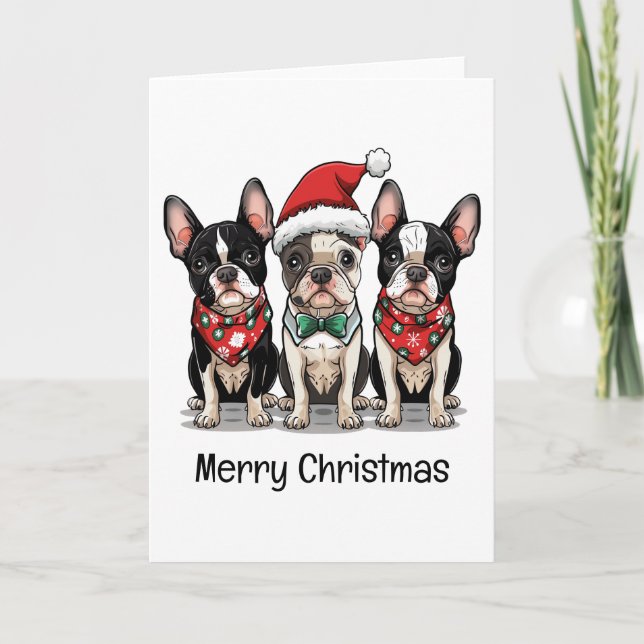 Cartão De Festividades Feliz Natal - Boston Terrier Dogs (Frente)