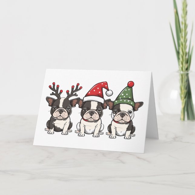 Cartão De Festividades Feliz Natal - Boston Terrier Dogs (Frente)