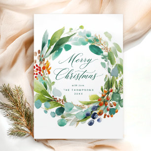 Cartão De Festividades Feliz Natal Botânica Aquarela