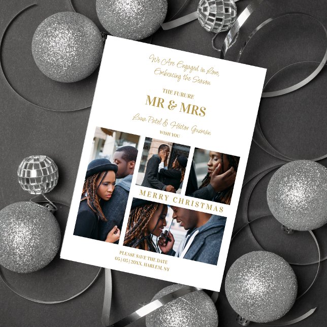 Cartão De Festividades Feliz Natal Branco e Dourado Simples 4 Fotos Múlti (Merry Christmas White & Fake Gold Simple Classic 4 Multi Photos Collage Save the Date Card Holiday.)