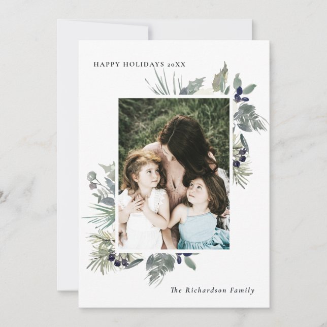 Cartão De Festividades Feliz Natal Branco Verde Escuro Folhagem Foto Feli (Frente)