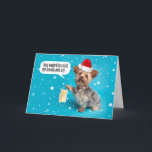 Cartão De Festividades Feliz Natal - Cachorro Yorkie em Santa Hat Máscara<br><div class="desc">Este doce cãozinho de Yorkshire Terrier na neve caindo está tendo problemas respirando em sua máscara então ele tira isso para fazer um feliz e saudável desejo de Feliz Natal!</div>
