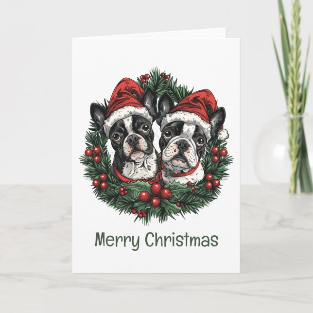 Cartão De Festividades Feliz Natal Cachorros Boston Terrier Coroa de Nata (Frente)