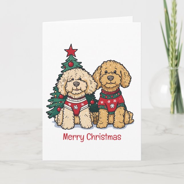 Cartão De Festividades Feliz Natal Cachorros de Goldendoodle (Frente)